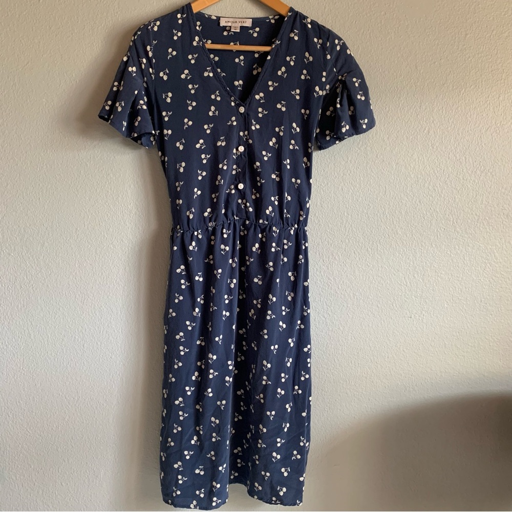Amour Vert XS Blue Silk Cherry Midi Dress